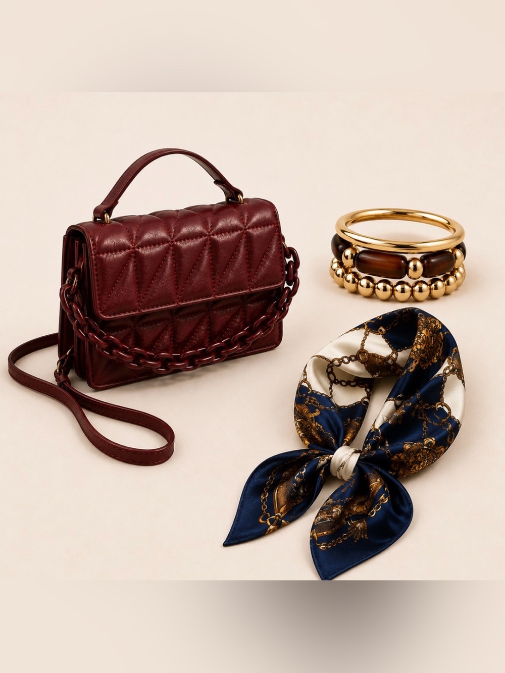 Burgundy Luxe 3-Piece Accessory Bundle – Handbag, Scarf & Bracelet Set